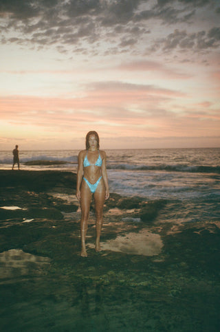 Blue strip and hibiscus print bikini. Sustainable, recycled swimwear fabric.