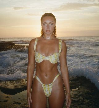 Yellow honey comb balconette bikini. Sustainable, recycled swimwear fabric.
