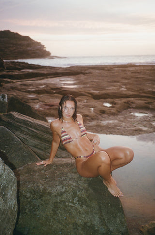 Brown, yellow and deep wine maroon red bikini. Stripe bikini. Sustainable, recycled bikini fabric