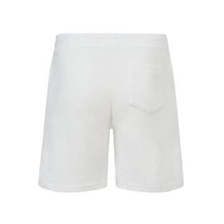 white terry towel shorts. Elevated comfort, stylish going out or lounge shorts for men. Navy embroidery logo