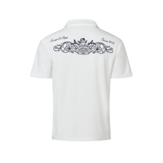 Men's elevated and comfortable terry towel button up. Going out top or beach top, good for holidays. White terry towel fabric button up, detailed navy embroidery across the back