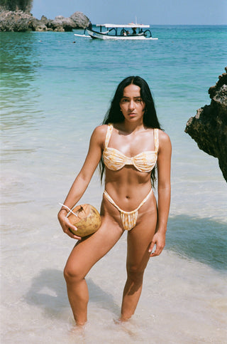 Yellow honey comb balconette bikini. Sustainable, recycled swimwear fabric.