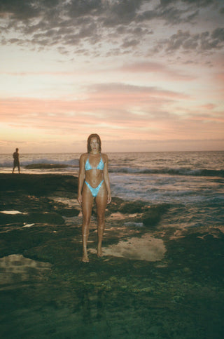 Blue strip and hibiscus print bikini. Sustainable, recycled swimwear fabric. 