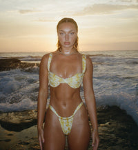 Yellow honey comb balconette bikini. Sustainable, recycled swimwear fabric. 