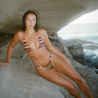 Brown, yellow and deep wine maroon red bikini. Stripe bikini. Sustainable, recycled bikini fabric 