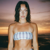 Bandeau brown and light blue bikini. Strapless bikini. Cool pattern bikini 