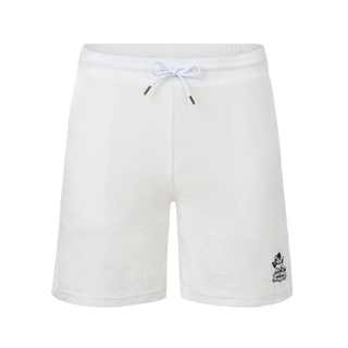 white terry towel shorts. Elevated comfort, stylish going out or lounge shorts for men. Navy embroidery logo