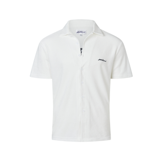 Men's elevated and comfortable terry towel button up. Going out top or beach top, good for holidays. White terry towel fabric button up, detailed navy embroidery across the back 